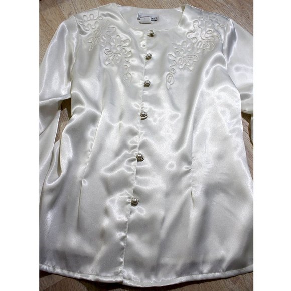 Impressions of California Tops - VINTAGE Glamour! Cream Satin Blouse Embroidery WOW